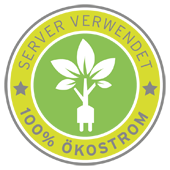 Server & Unternehmen nutzen 100% Ökostrom aus Wasserkraft. Siegel: 100% Ökostrom aus Wasserkraft